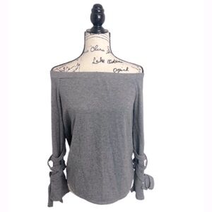 1 State Gray Off the Shoulder Sweater with Long Sleeves & Tie Cuffs Size Medium